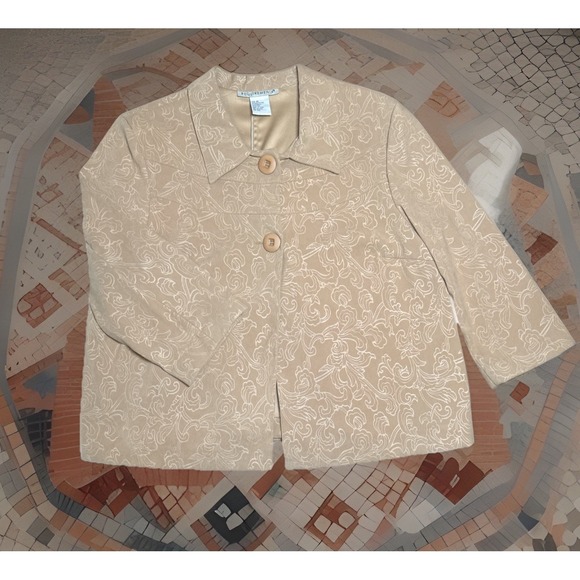 Requirements Jackets & Blazers - Requirements Women XL Beige Textured Open Front Blazer Faux Suede Floral Pockets